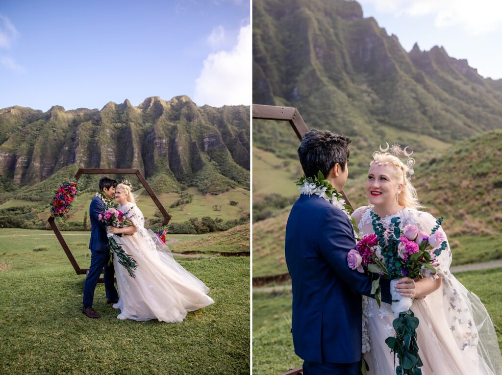 bride and groom take portraits at Kualoa Ranch Wedding with Iwalani Photography