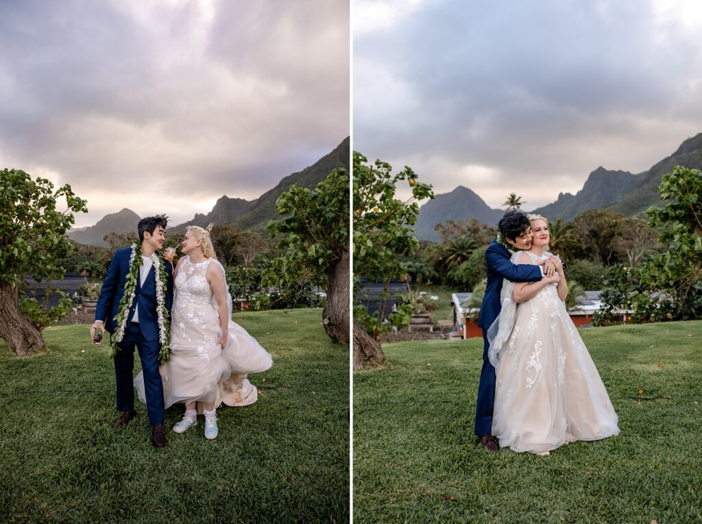 bride and groom take portraits at Kualoa Ranch Wedding with Iwalani Photography