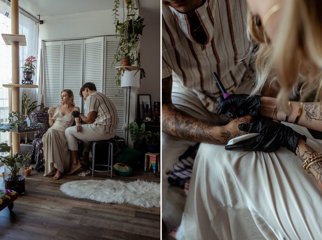 couple taking photos together in home