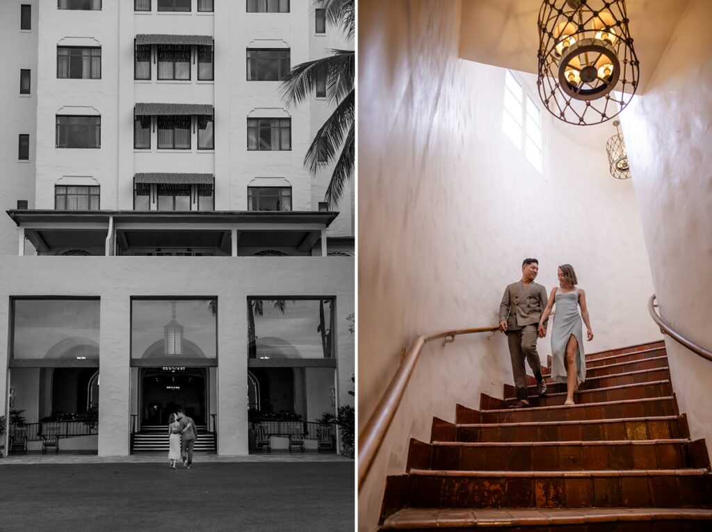 couple taking engagement photos in Waikiki