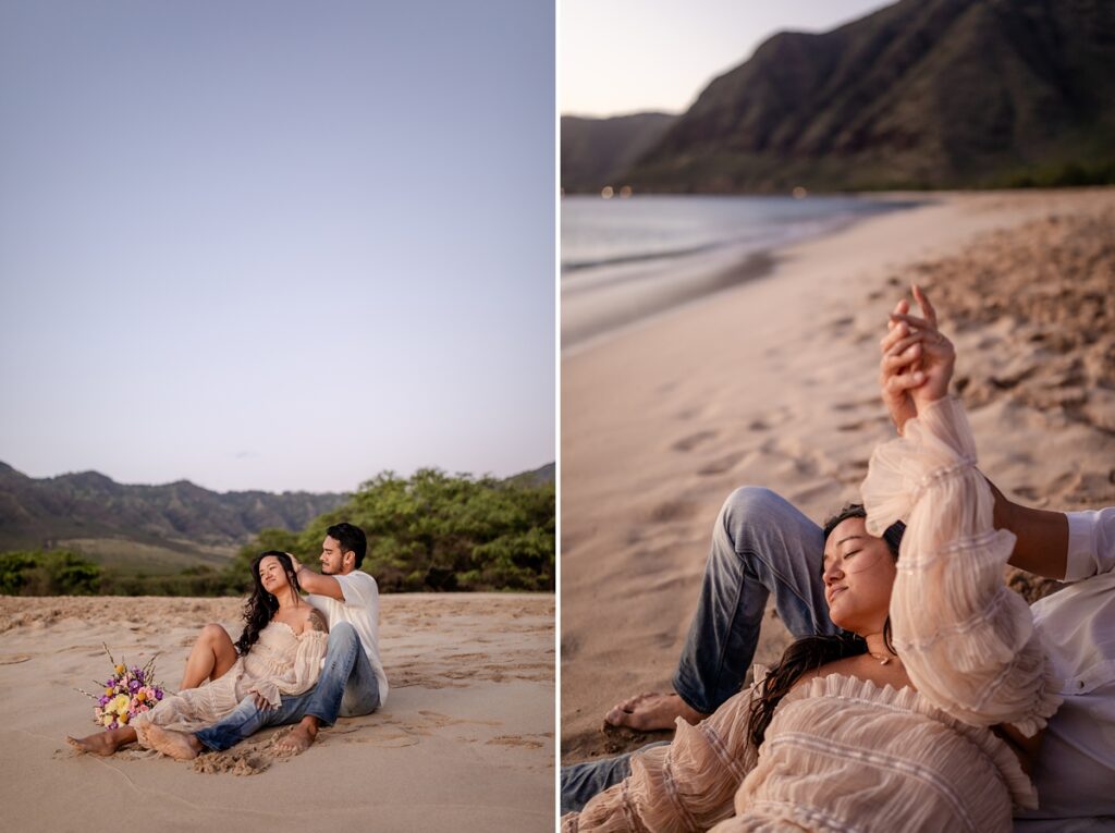 couple on beach taking photos