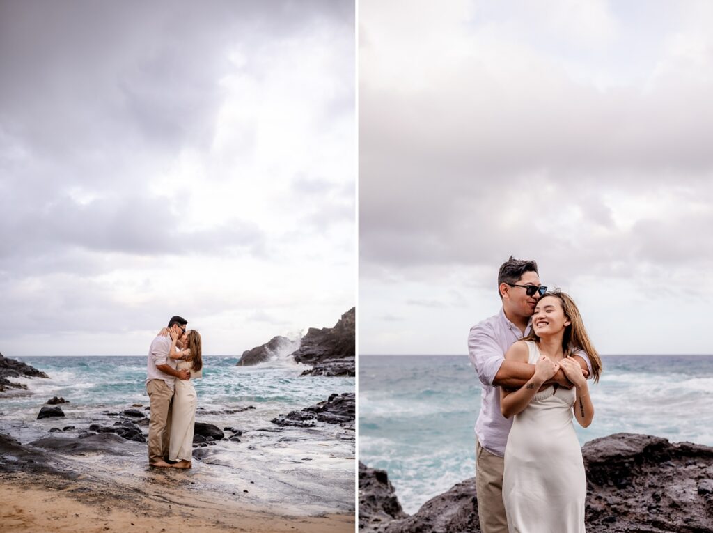couple taking engagement photos with Iwalani Photography