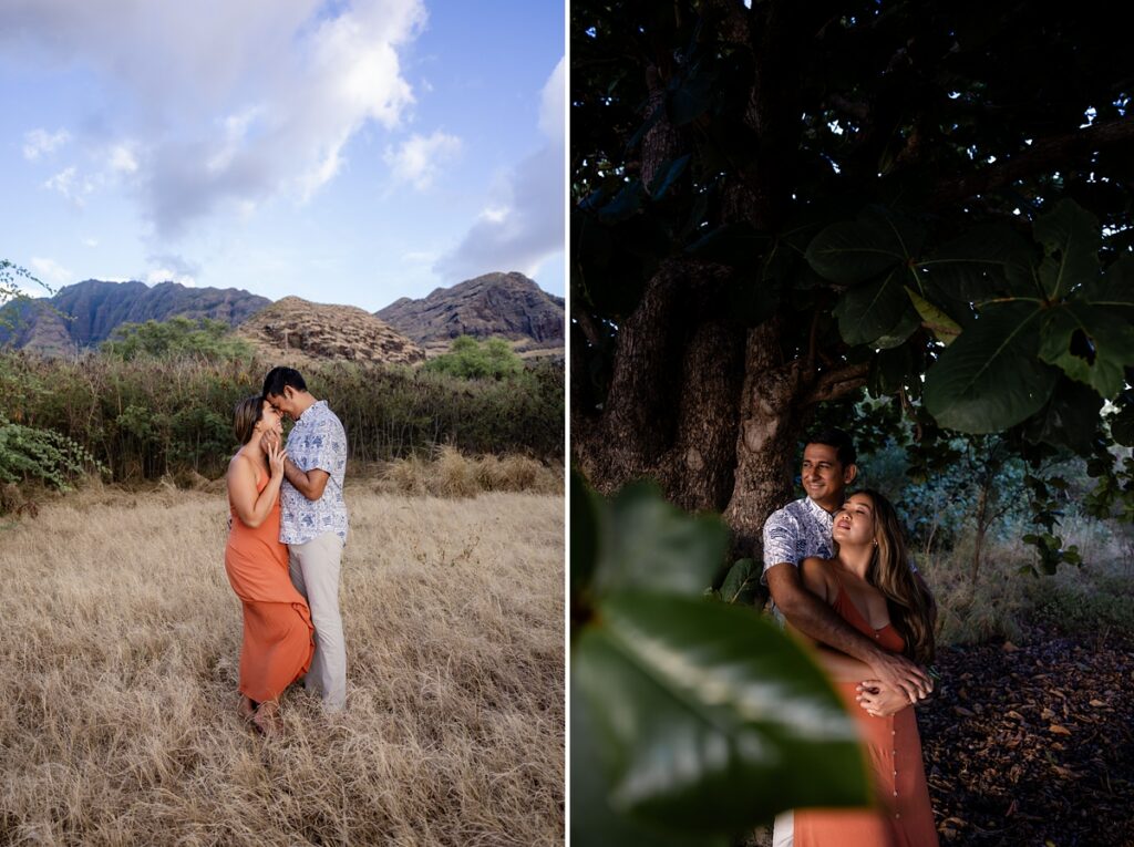 couple taking engagement photos on Oahu, Hawaii with Iwalani Photography