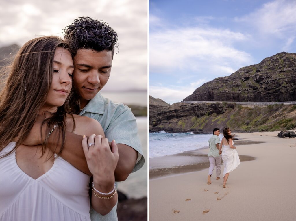 couple taking engagement photos on Oahu, Hawaii with Iwalani Photography